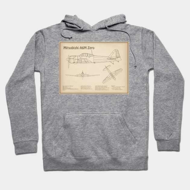 Mitsubishi A6M Zero Airplane Blueprint - SD Hoodie by SPJE Illustration Photography